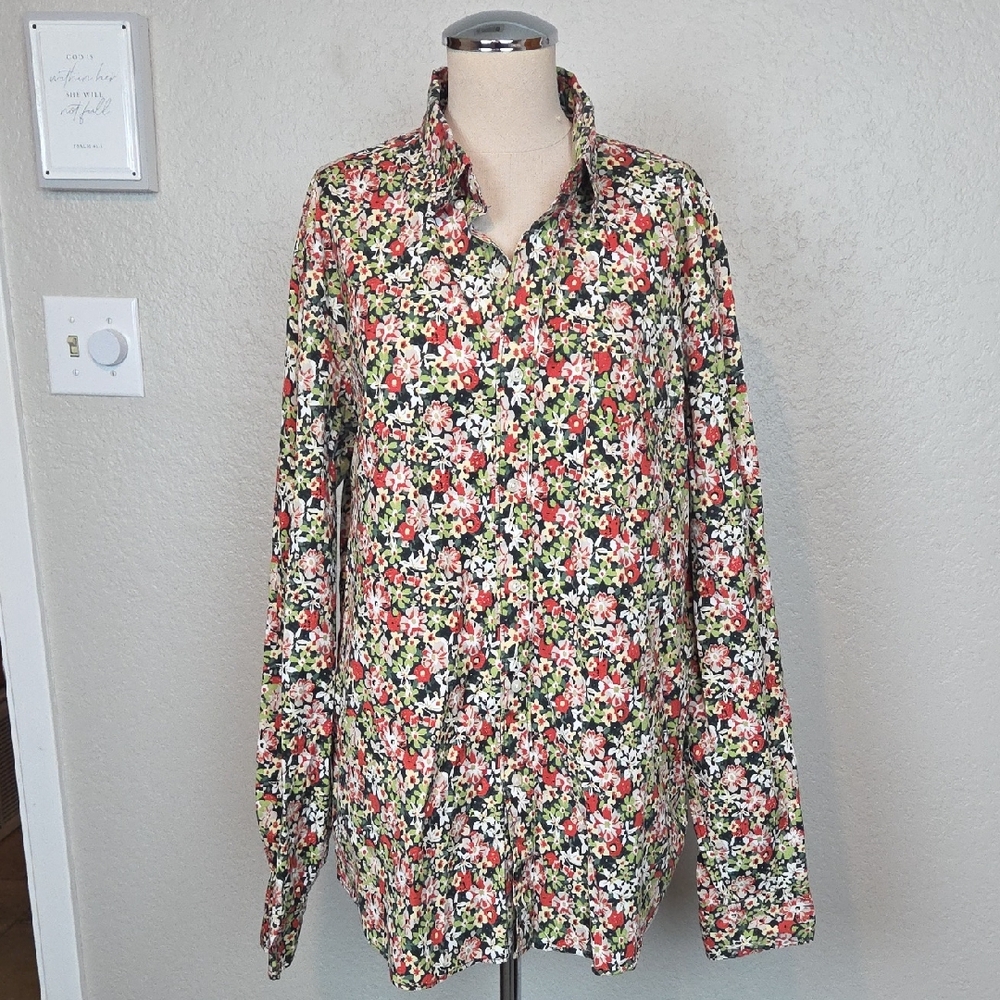 J. Crew Secret Wash Poplin Floral Print Stretch Button Down Shirt Size XL